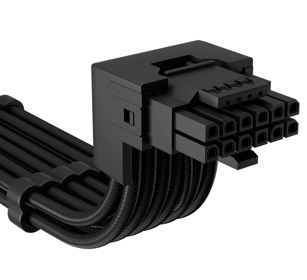 Detalhe de cabo 12V-2x6 de 16 pinos com conector angular de 90 graus para placa de vídeo