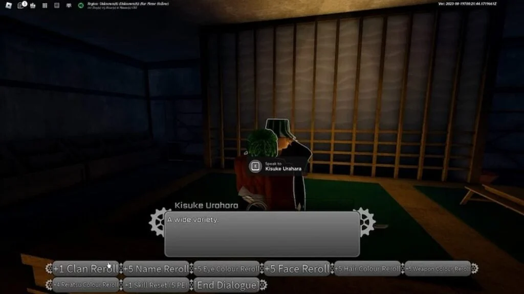 NPC Kisuke Urahara em Peroxide exibindo opções de reroll que usam Product Essence