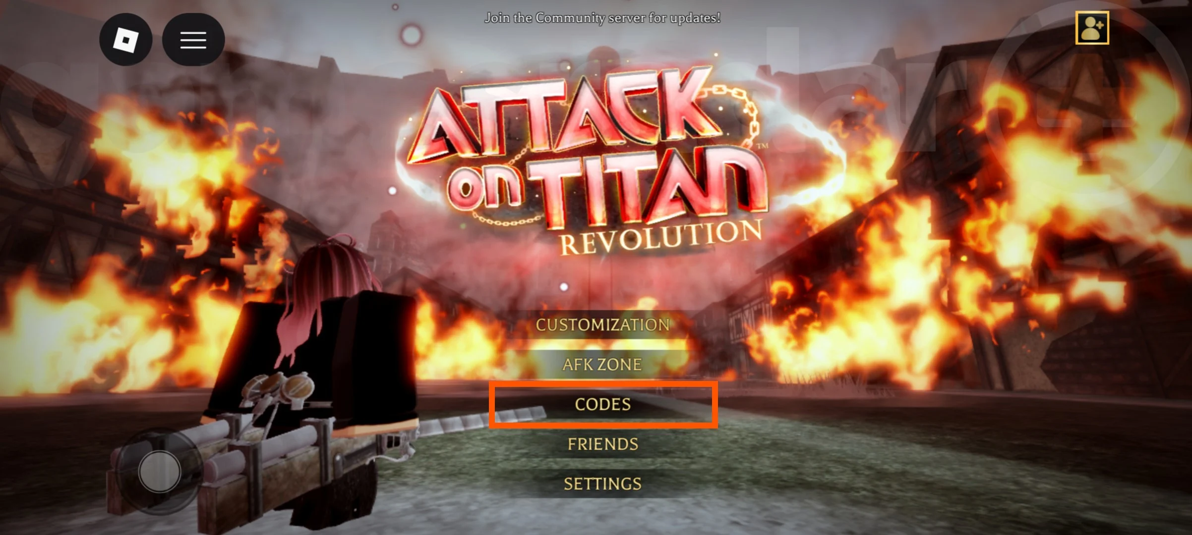 Menu principal de Attack on Titan Revolution com a opção Codes destacada