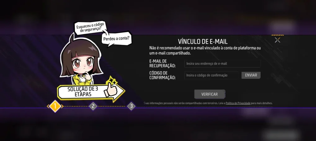 Tela do Free Fire para inserir e-mail de recuperação e código de confirmação