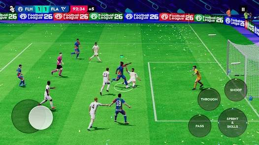 Partida de Football League 2026 no Android com atletas em campo e controles de passe e chute