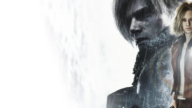 Grace Ashcroft segura um isqueiro com Leon Kennedy ao fundo na arte de Resident Evil Requiem