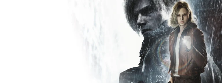 Grace Ashcroft segura um isqueiro com Leon Kennedy ao fundo na arte de Resident Evil Requiem