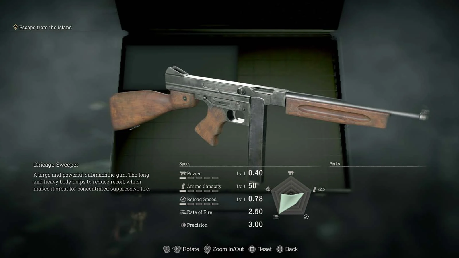 Submetralhadora Chicago Sweeper exibida na tela de inspeção de armas de Resident Evil 4 Remake