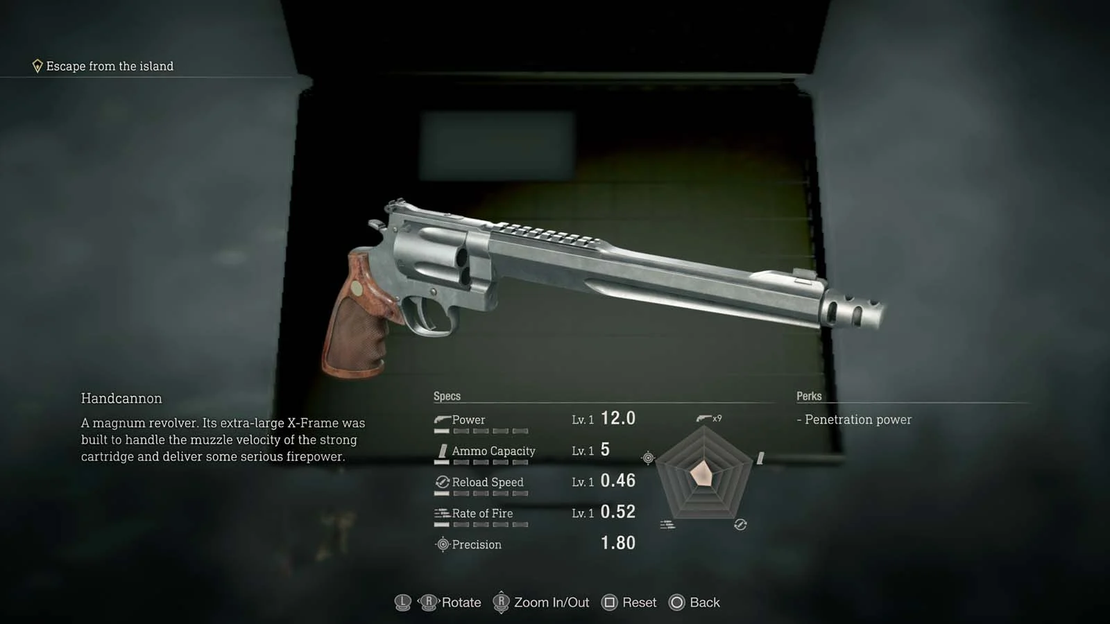 Handcannon na tela de inspeção de armas em Resident Evil 4 Remake, mostrando o revólver de cano longo