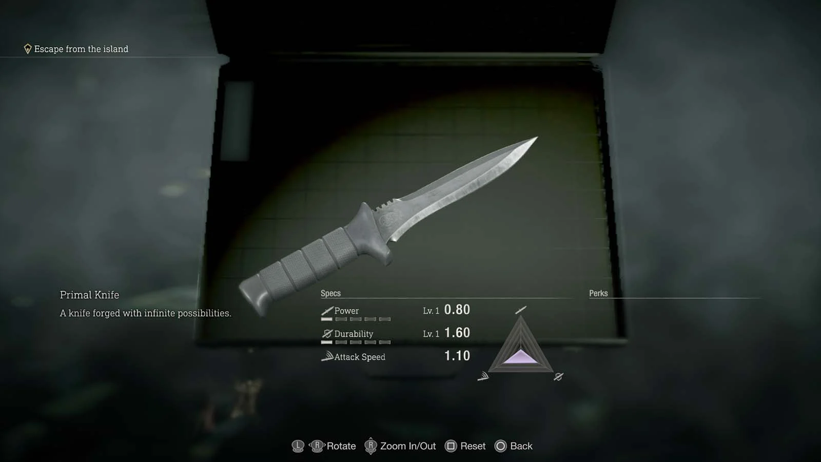 Faca Primitiva de Resident Evil 4 Remake na tela de inspeção, com dados de poder e durabilidade