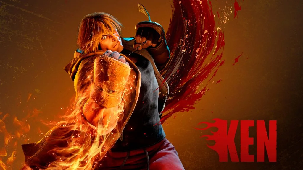 Ken Masters aparece em arte de Street Fighter 6 preparando um golpe envolto em chamas