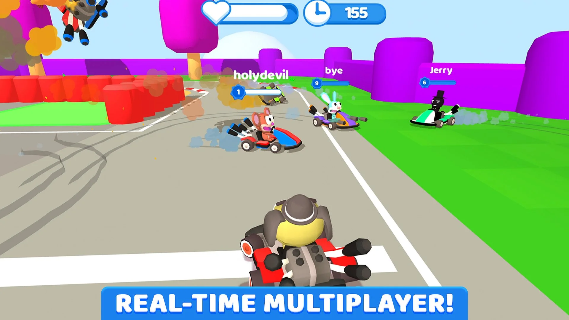 Karts disputam uma batalha em arena colorida de Smash Karts