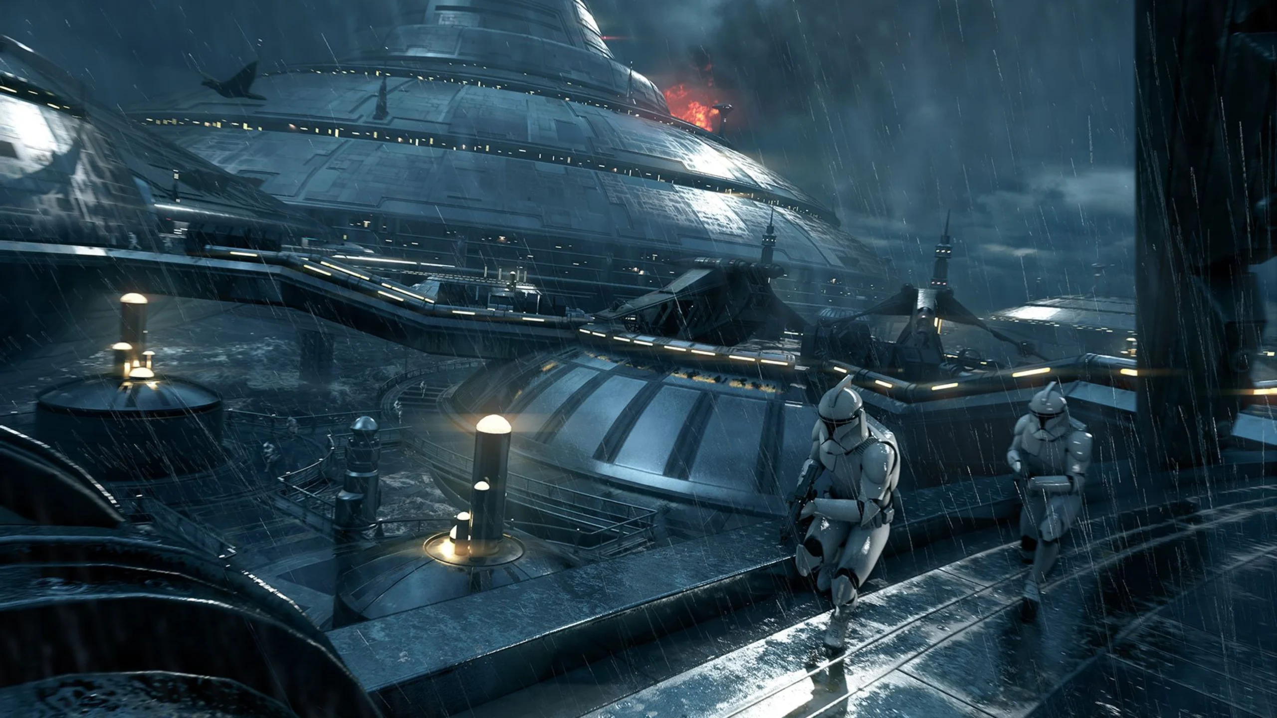 Soldados clones de Star Wars Battlefront II combatem em Kamino sob chuva