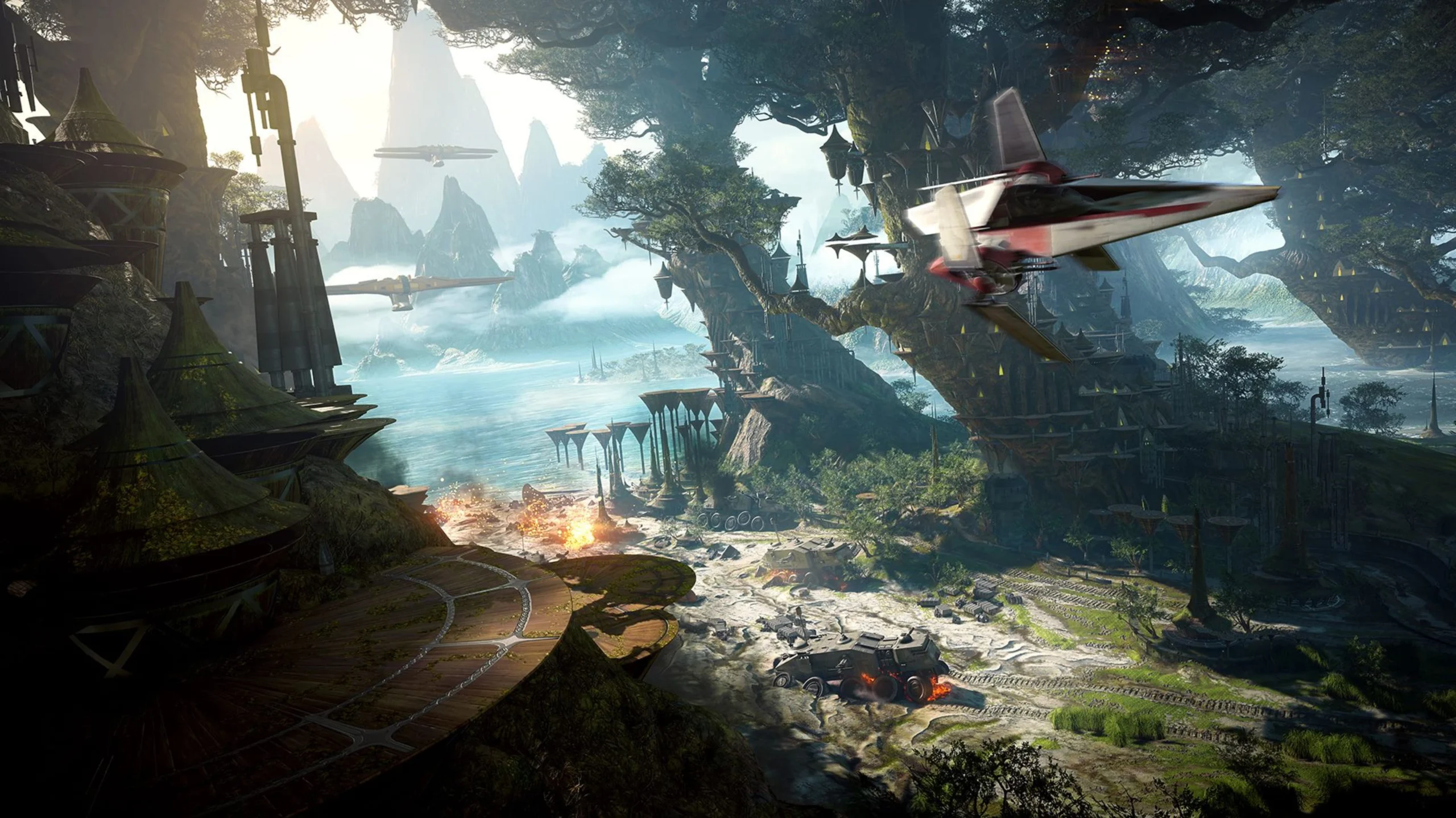 Naves da República cruzam o céu de Kashyyyk em Star Wars Battlefront II