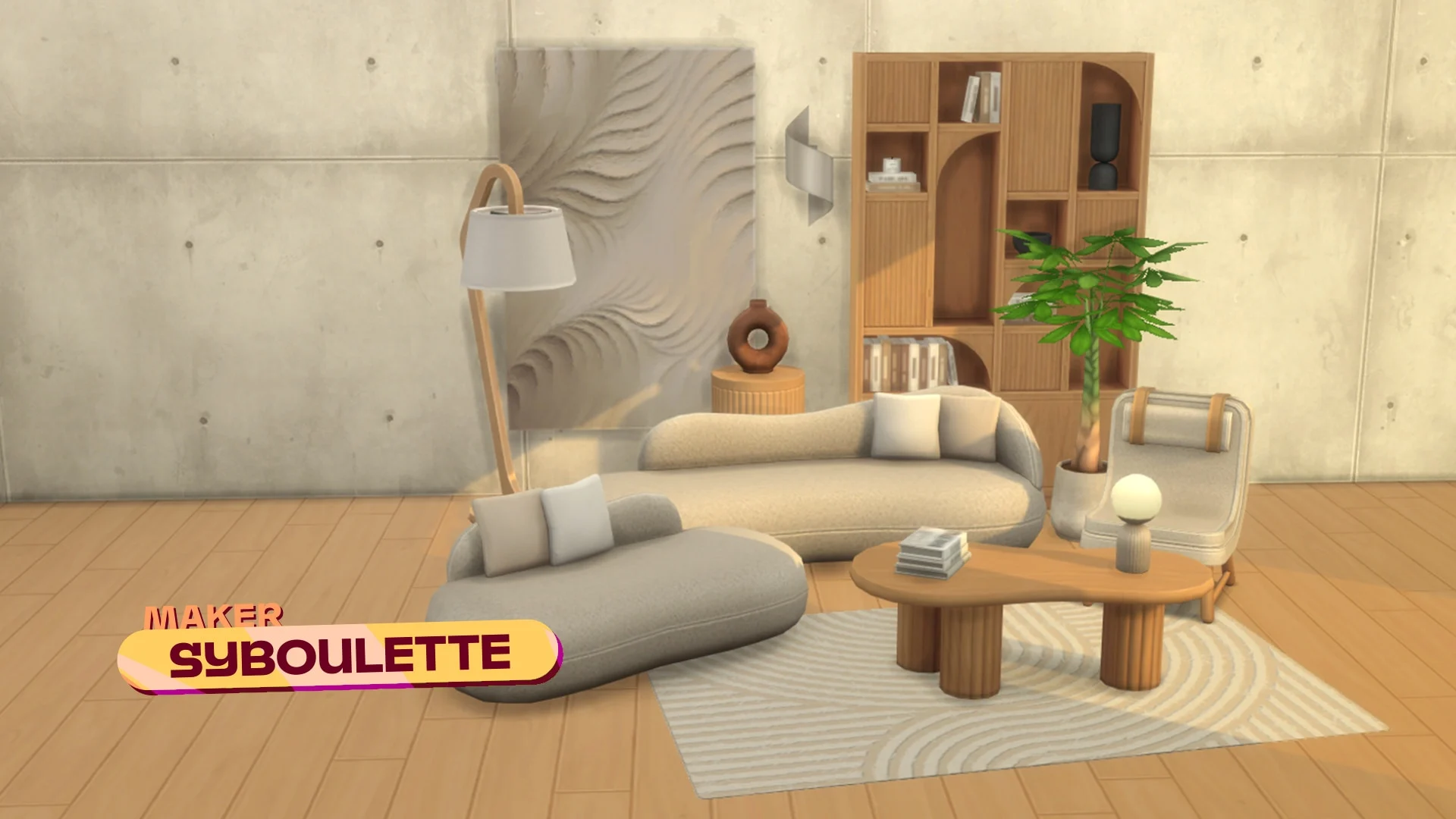 Ambiente de The Sims 4 decorado com móveis e objetos de conteúdo personalizado criado pela Maker Syboulette
