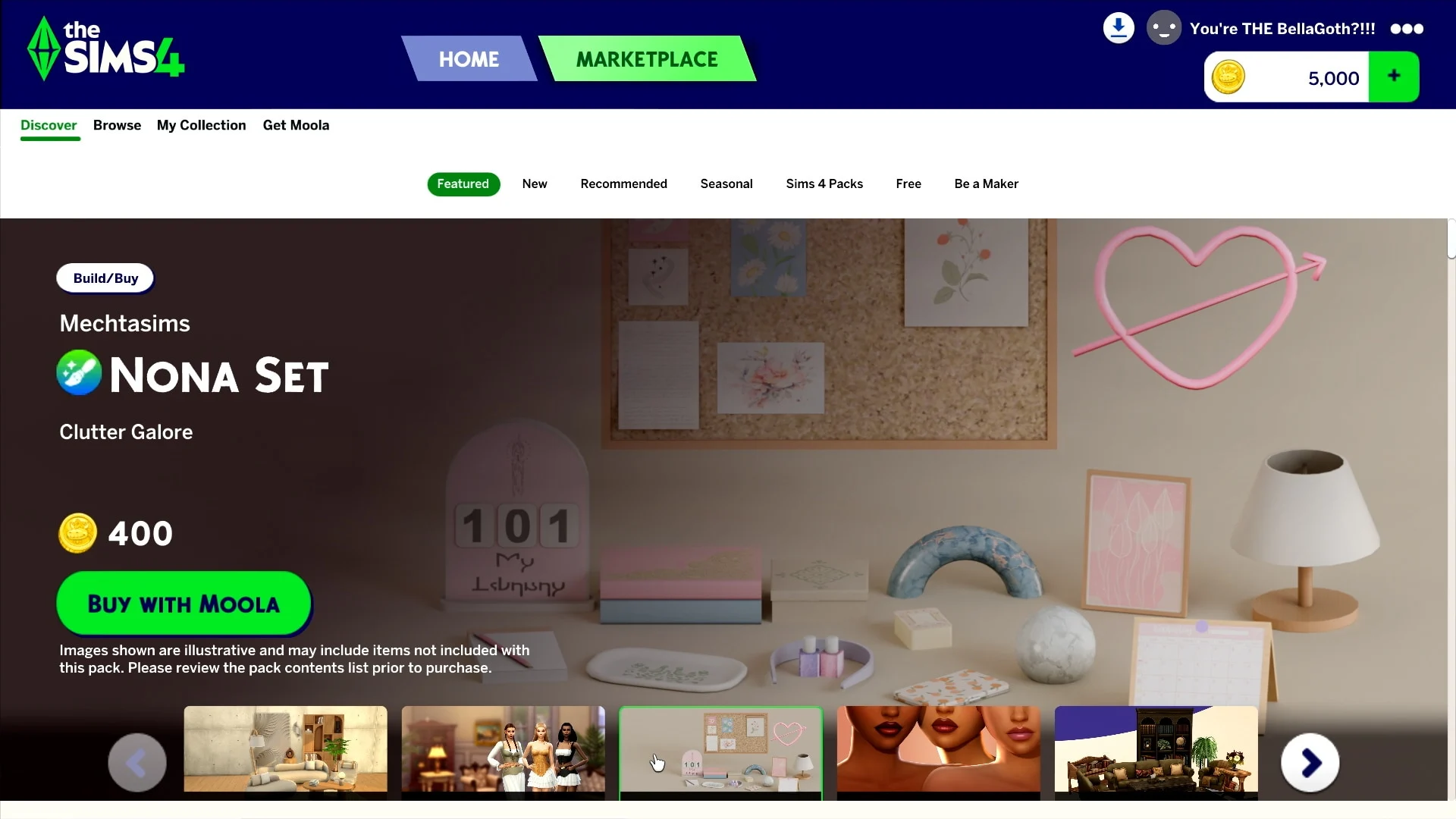 Tela do Marketplace de The Sims 4 com um Maker Pack e opção de comprar conteúdo usando Moola