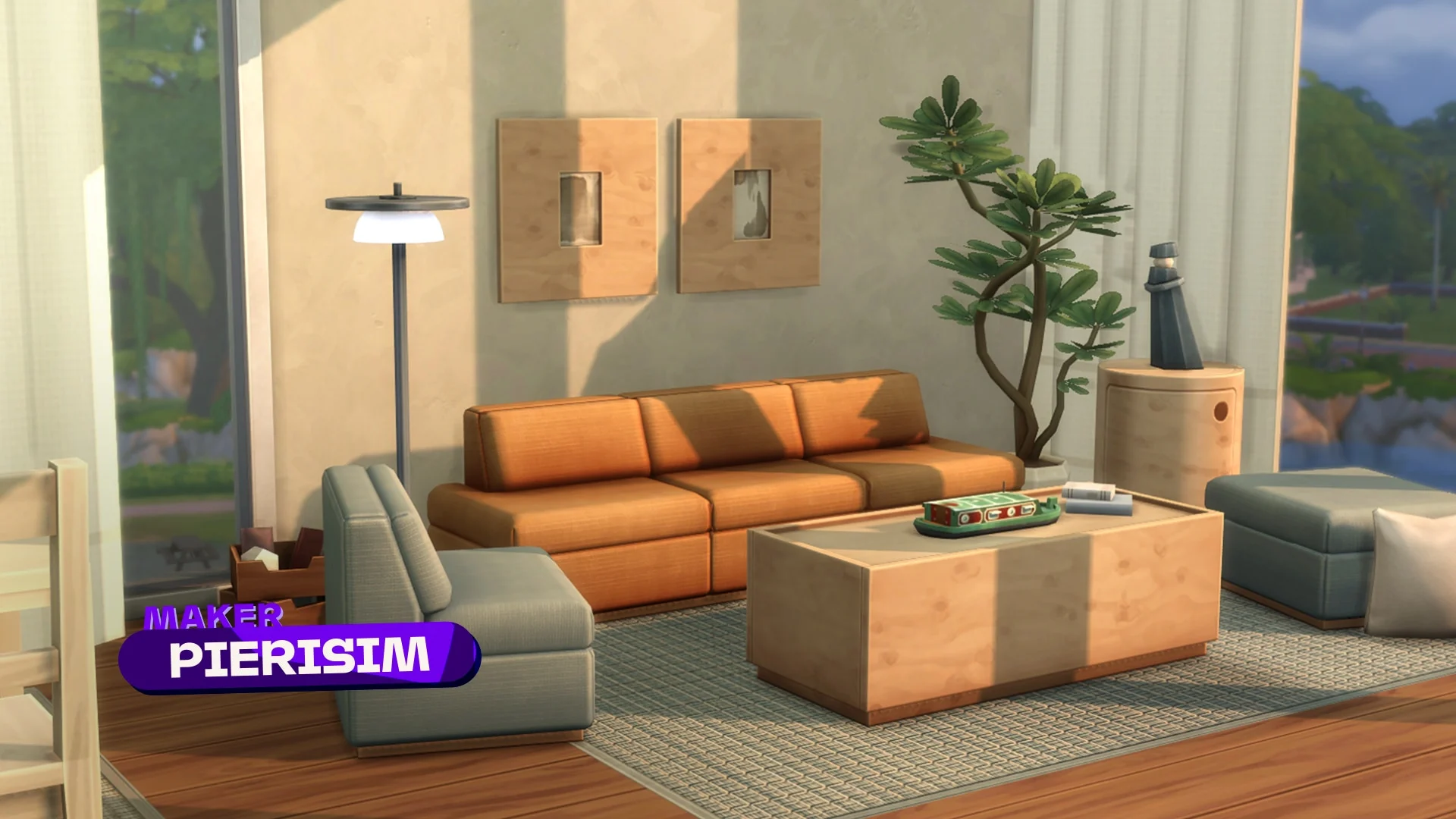 Sala contemporânea montada no The Sims 4 com itens de decoração criados pelo Maker Pierisim