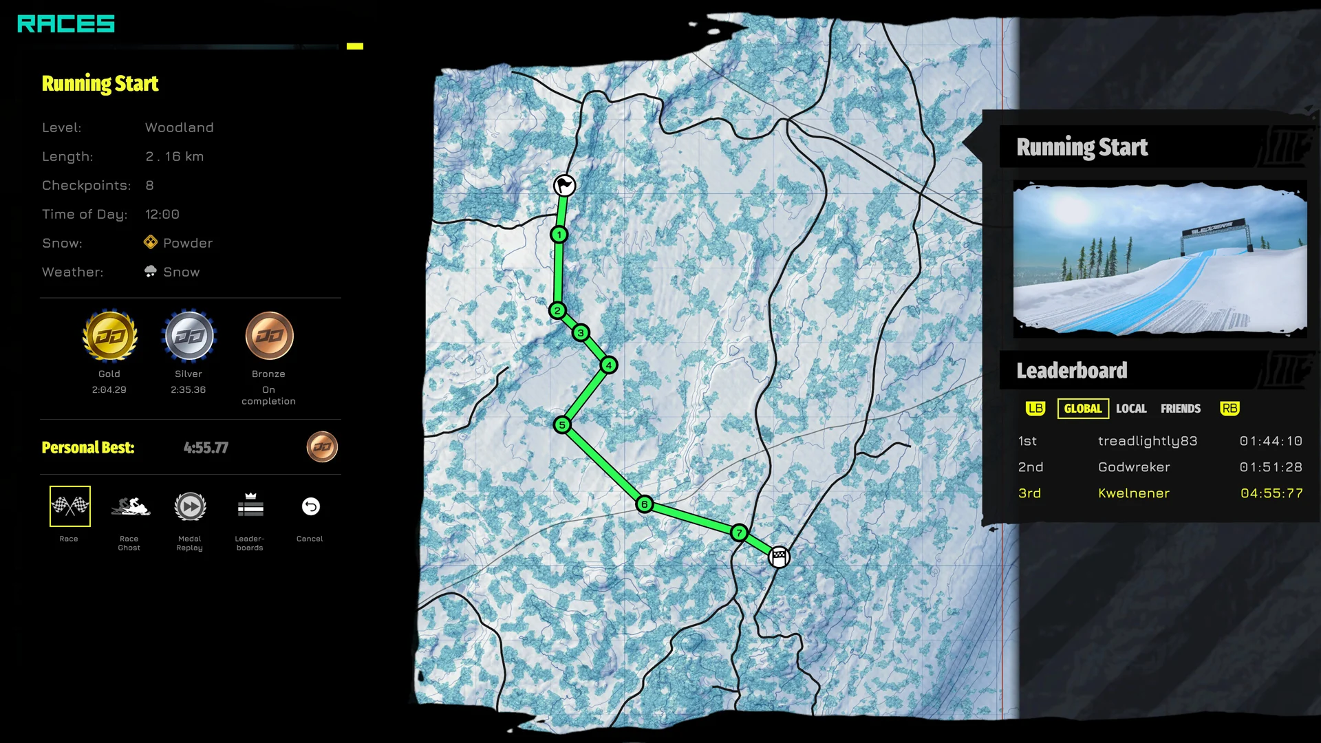Mapa da prova Running Start em Woodland mostra o trajeto, as medalhas e o ranking de Sledders.