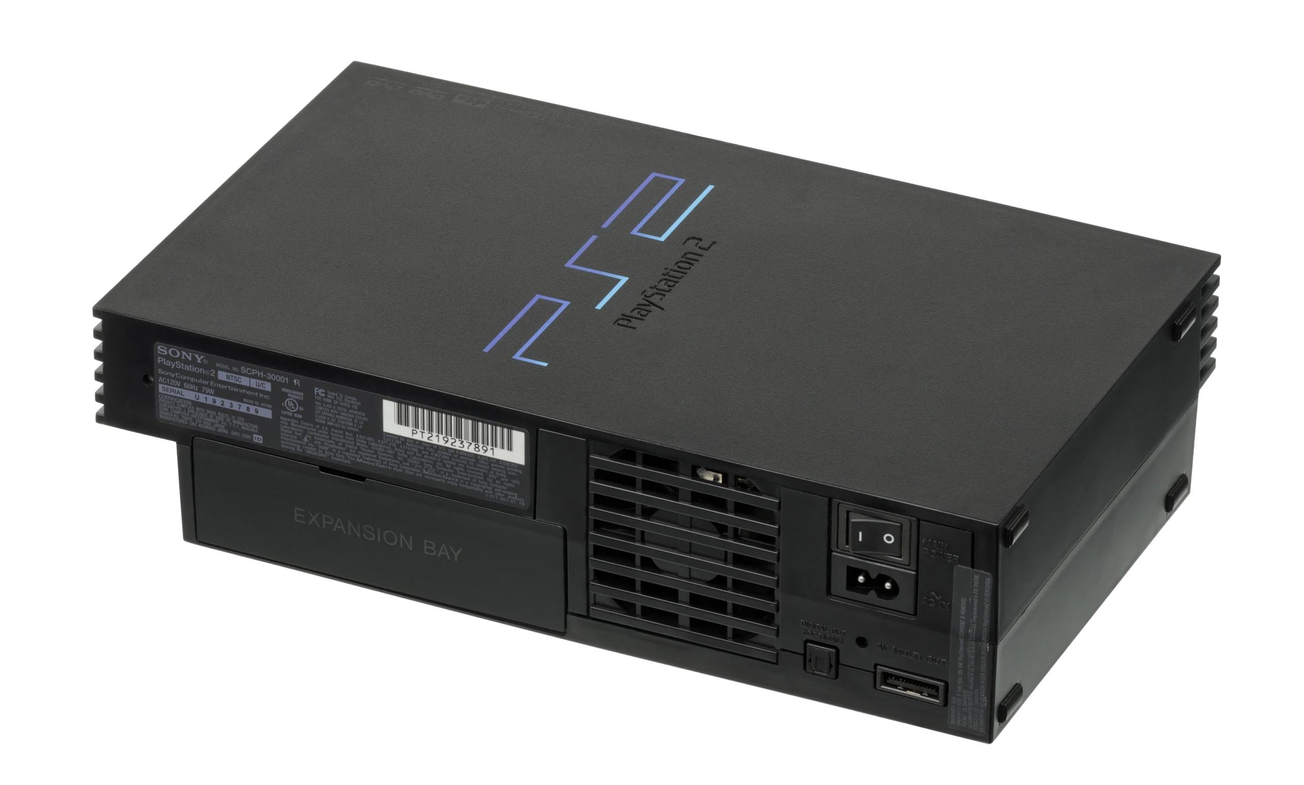 Console PlayStation 2 original preto, visto em perspectiva