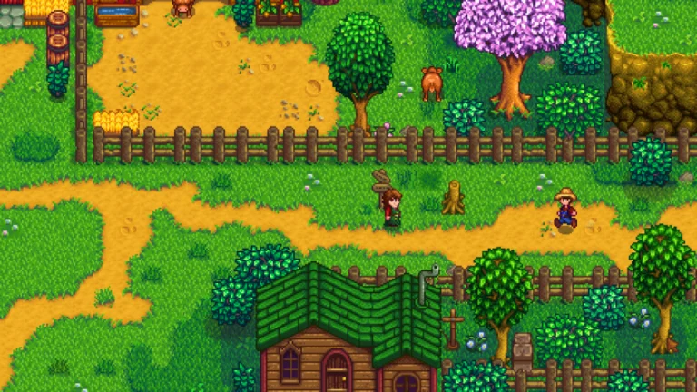 Cena de Stardew Valley com fazenda, trilha e personagens em pixel art