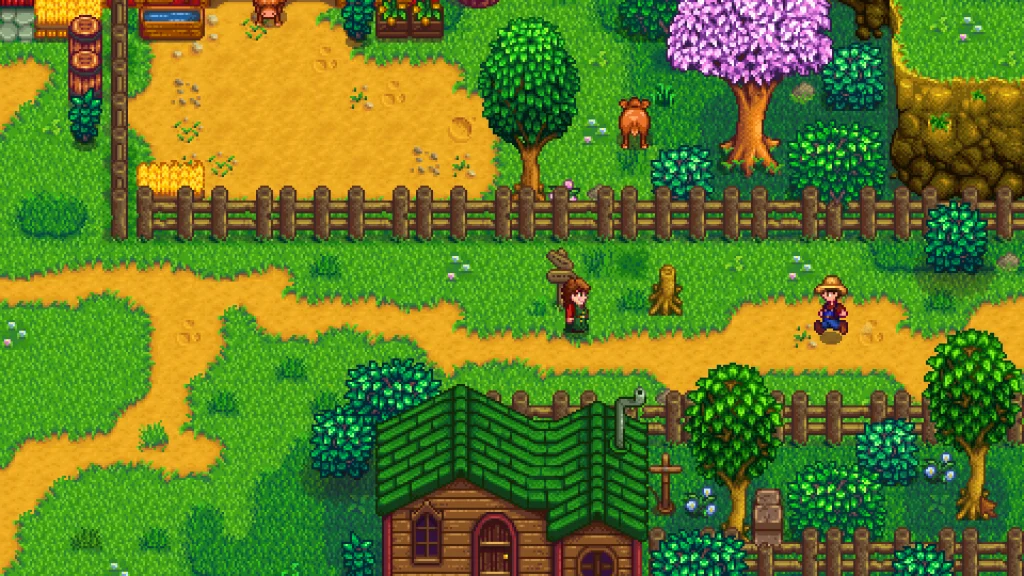 Cena de Stardew Valley com fazenda, trilha e personagens em pixel art