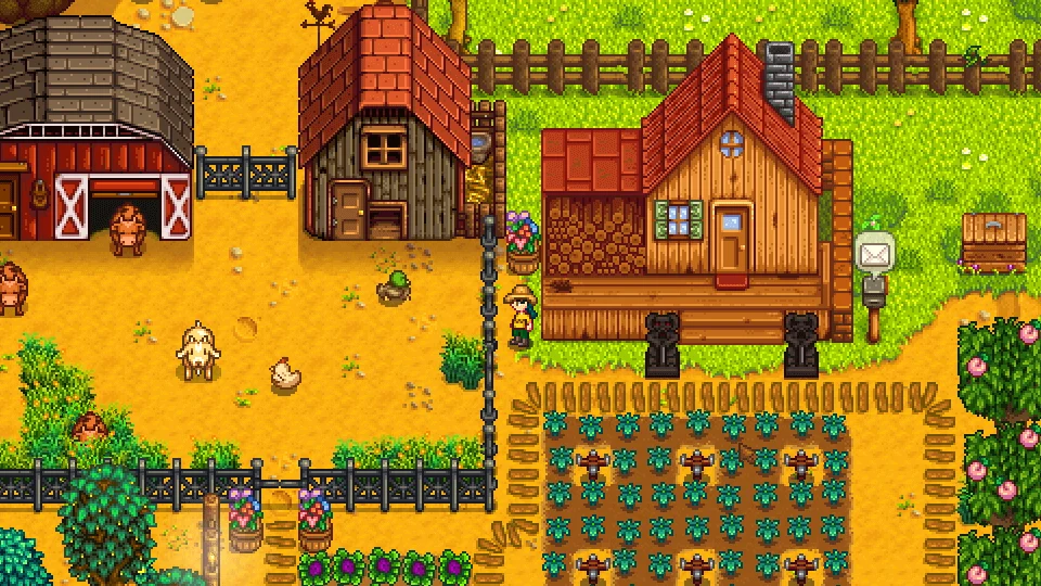 Fazenda de Stardew Valley com casa, plantações, celeiro e animais