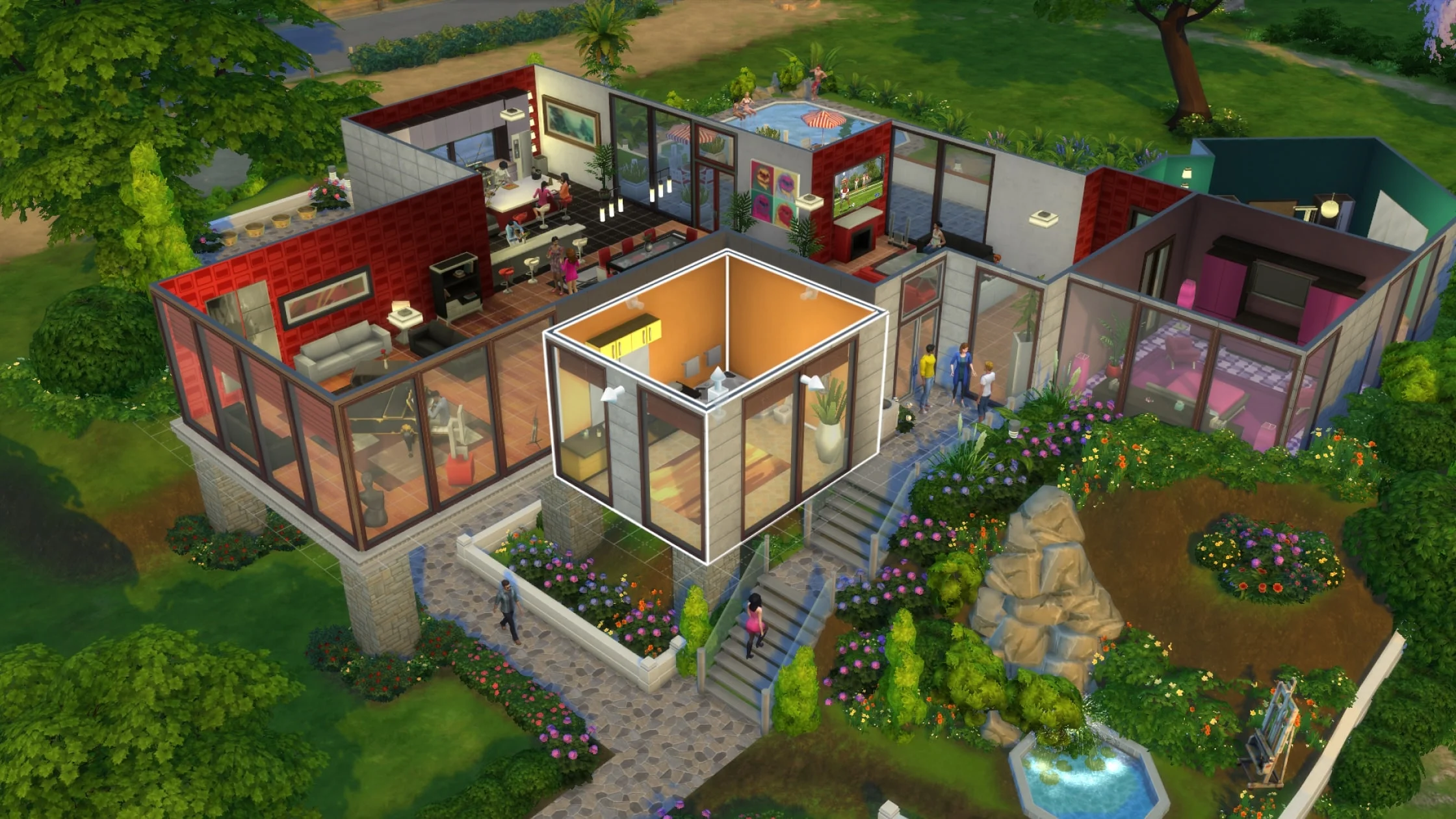 Modo Construção de The Sims 4 mostrando uma casa dividida em cômodos