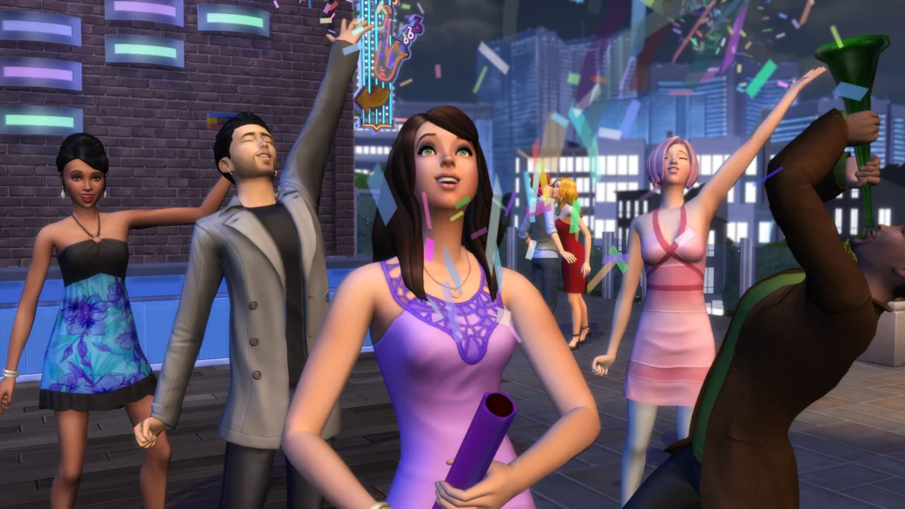 Personagens de The Sims 4 em uma cena de celebração