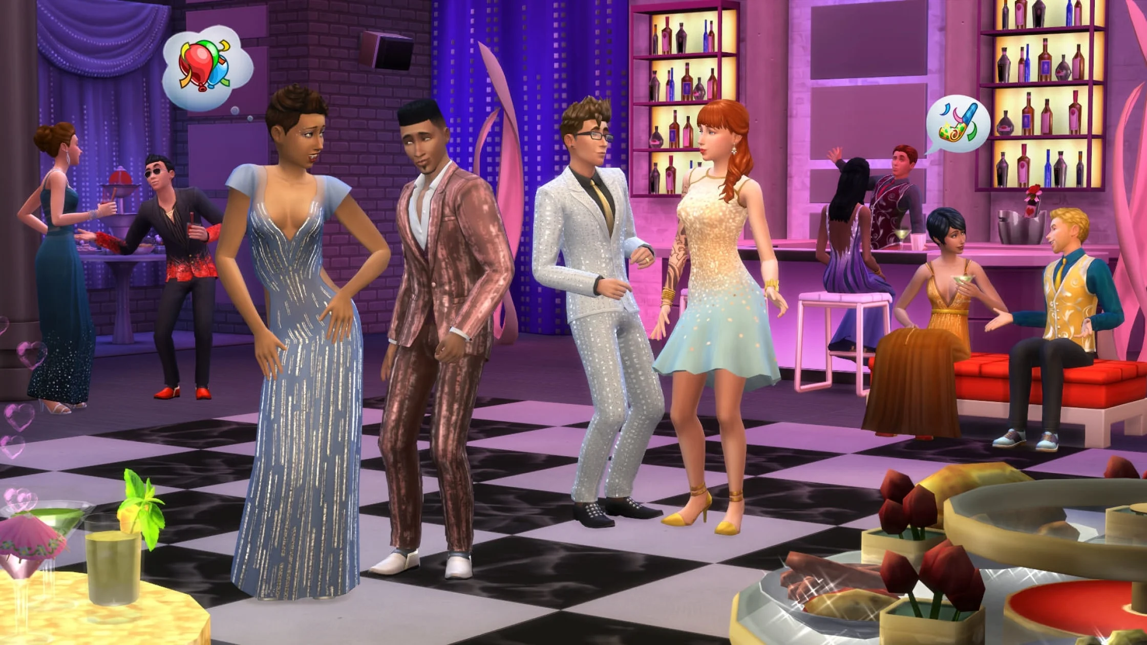 Personagens de The Sims 4 dançando e convivendo em ambiente social