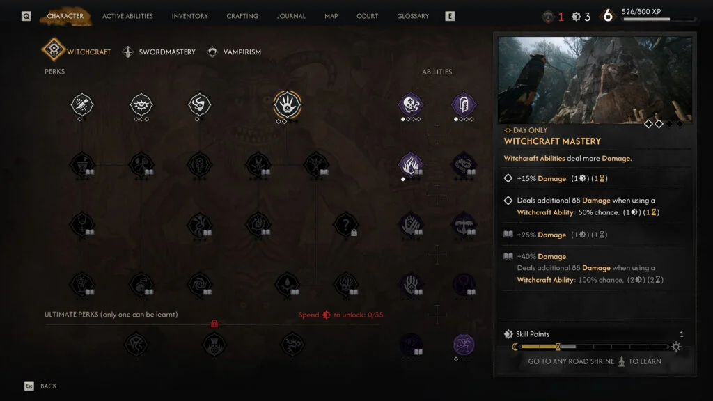 Árvore de habilidades de bruxaria de The Blood of Dawnwalker, com poderes desbloqueáveis