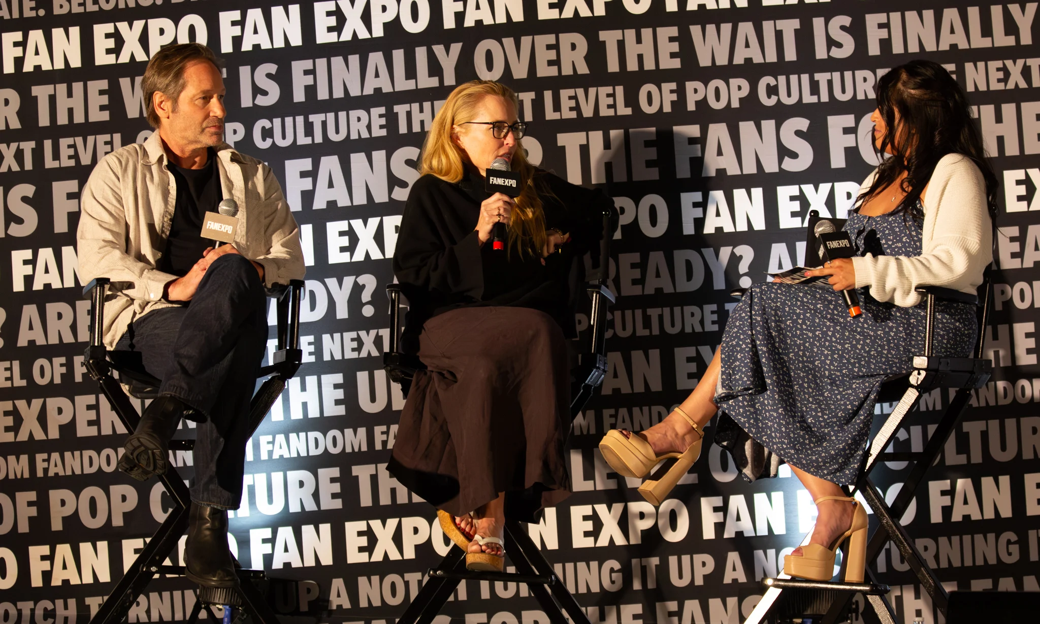 David Duchovny e Gillian Anderson durante painel de Arquivo X em 2026