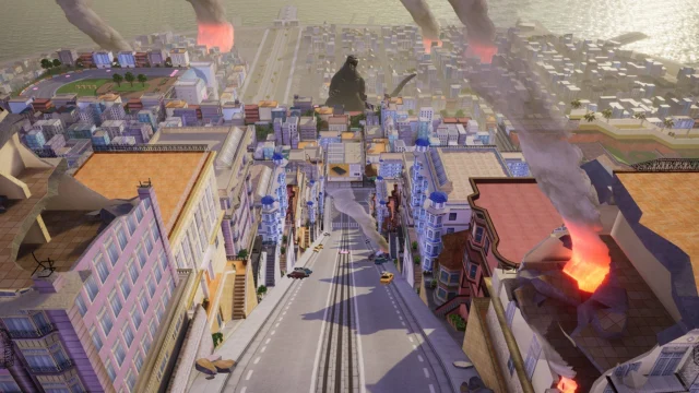 Godzilla se aproxima de uma cidade na pista Godzilla Escape de Sonic Racing CrossWorlds
