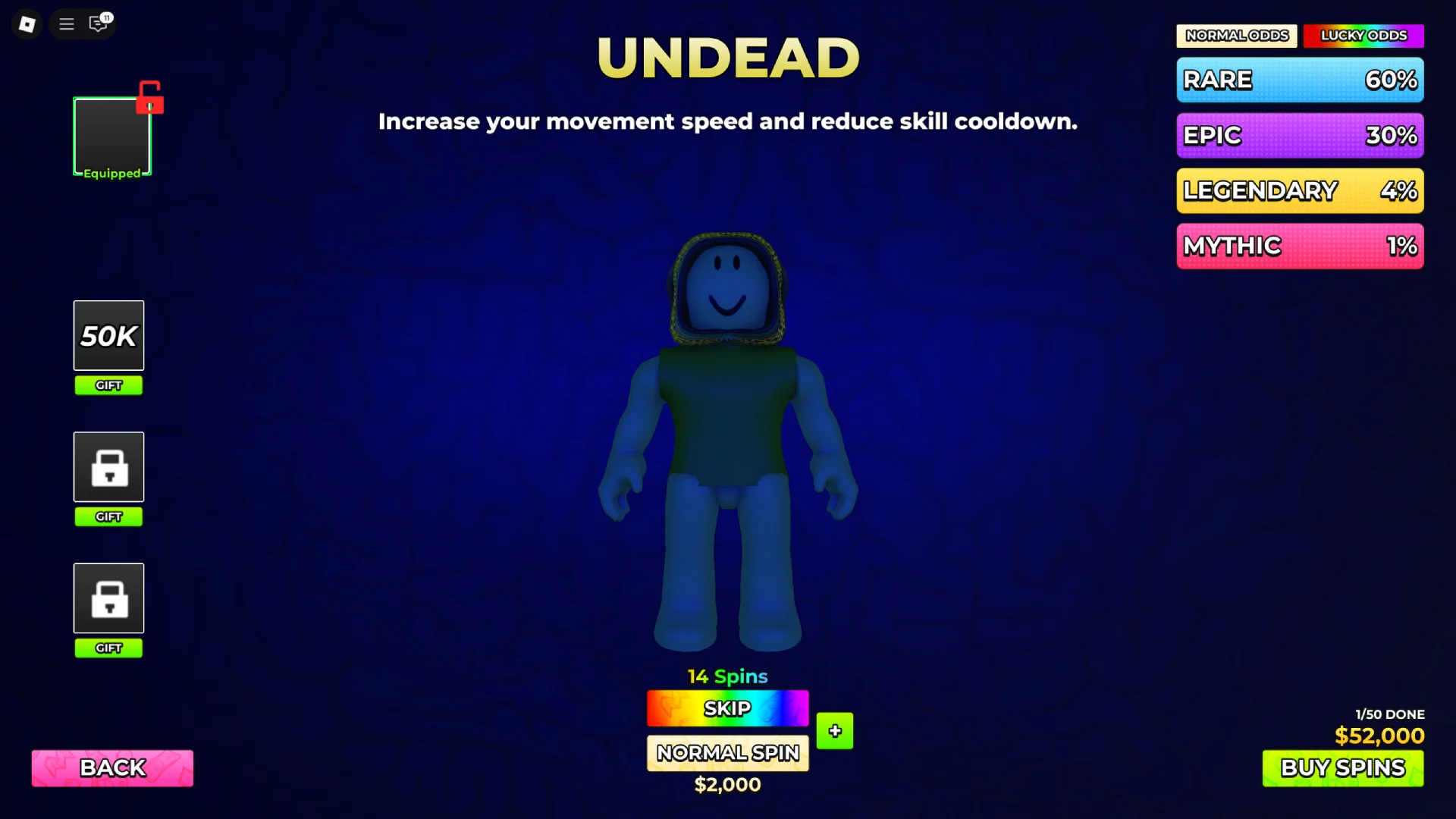 Menu de giros de vantagens de Hunty Zombie mostrando a perk Undead
