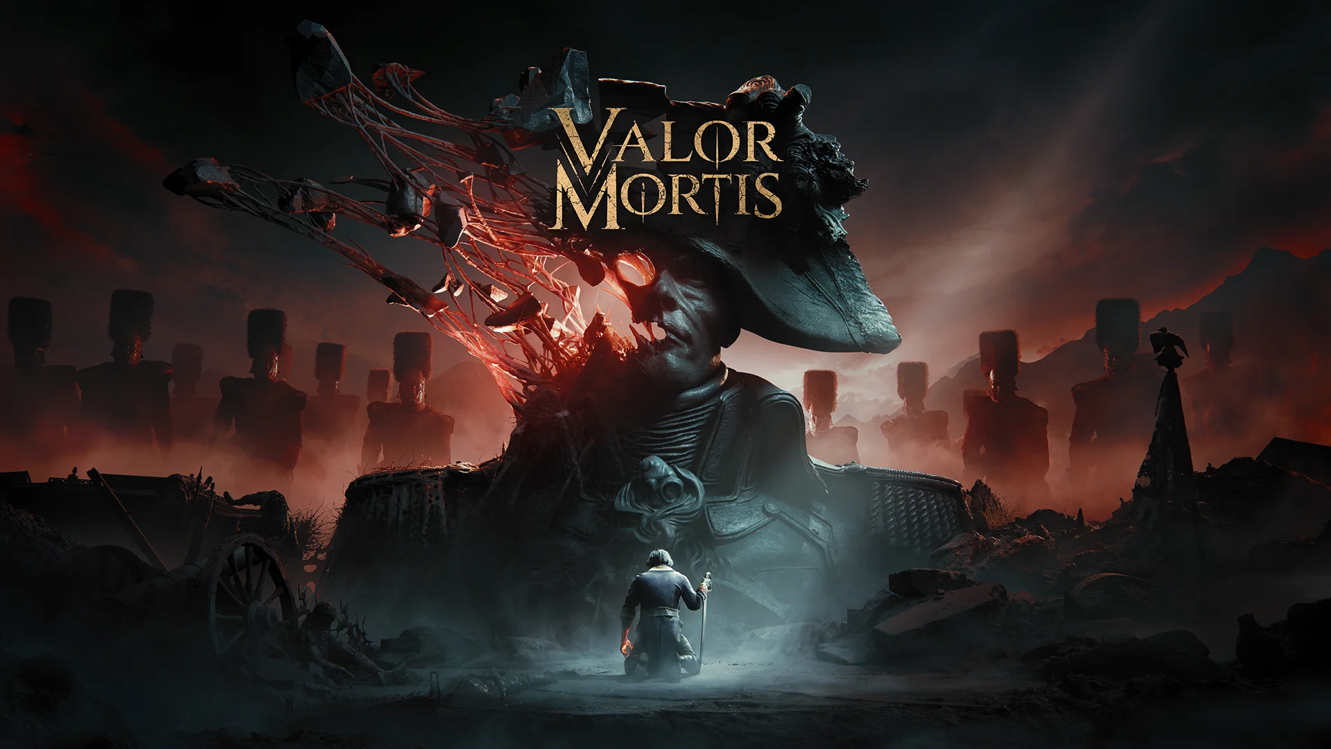 Arte oficial de Valor Mortis com William diante de soldados e de Napoleão em um campo de batalha sombrio