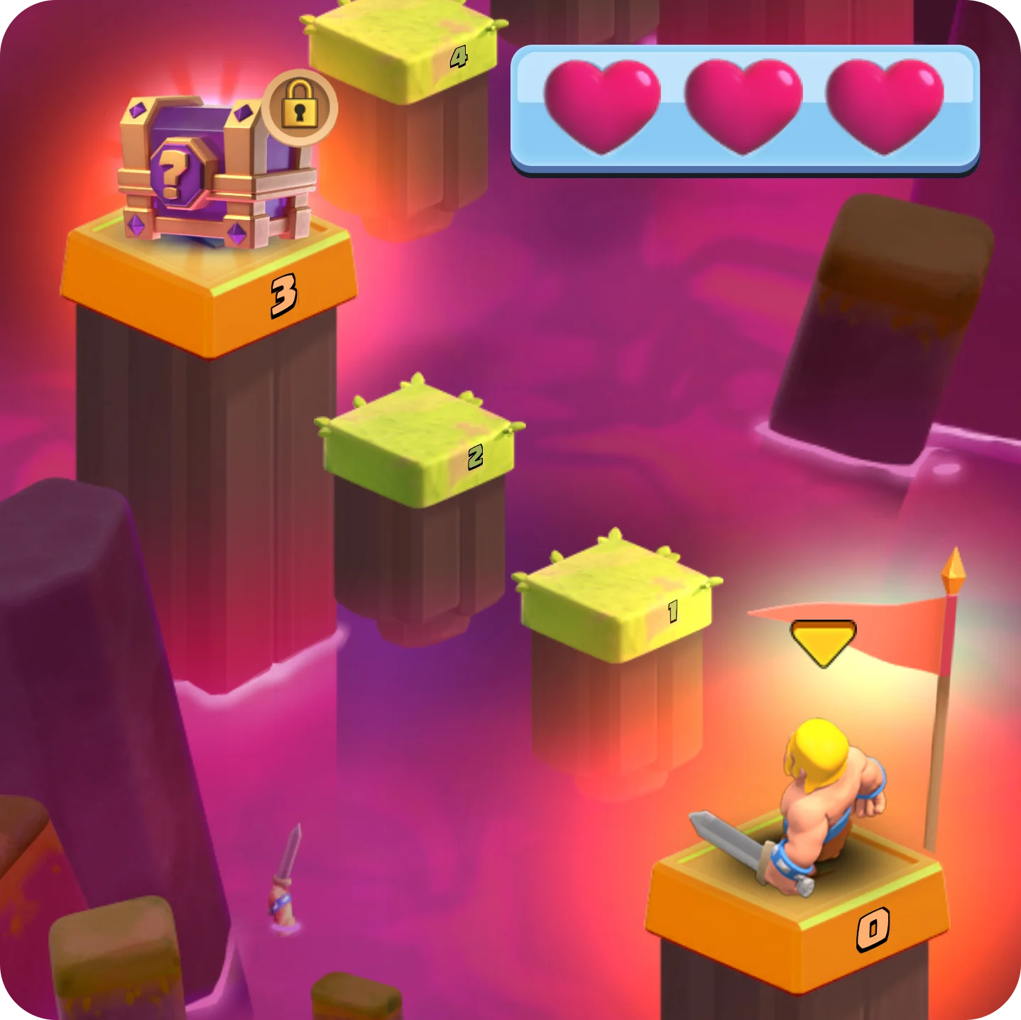 Imagem oficial de Clash Royale mostrando um percurso de evento com recompensas e três corações