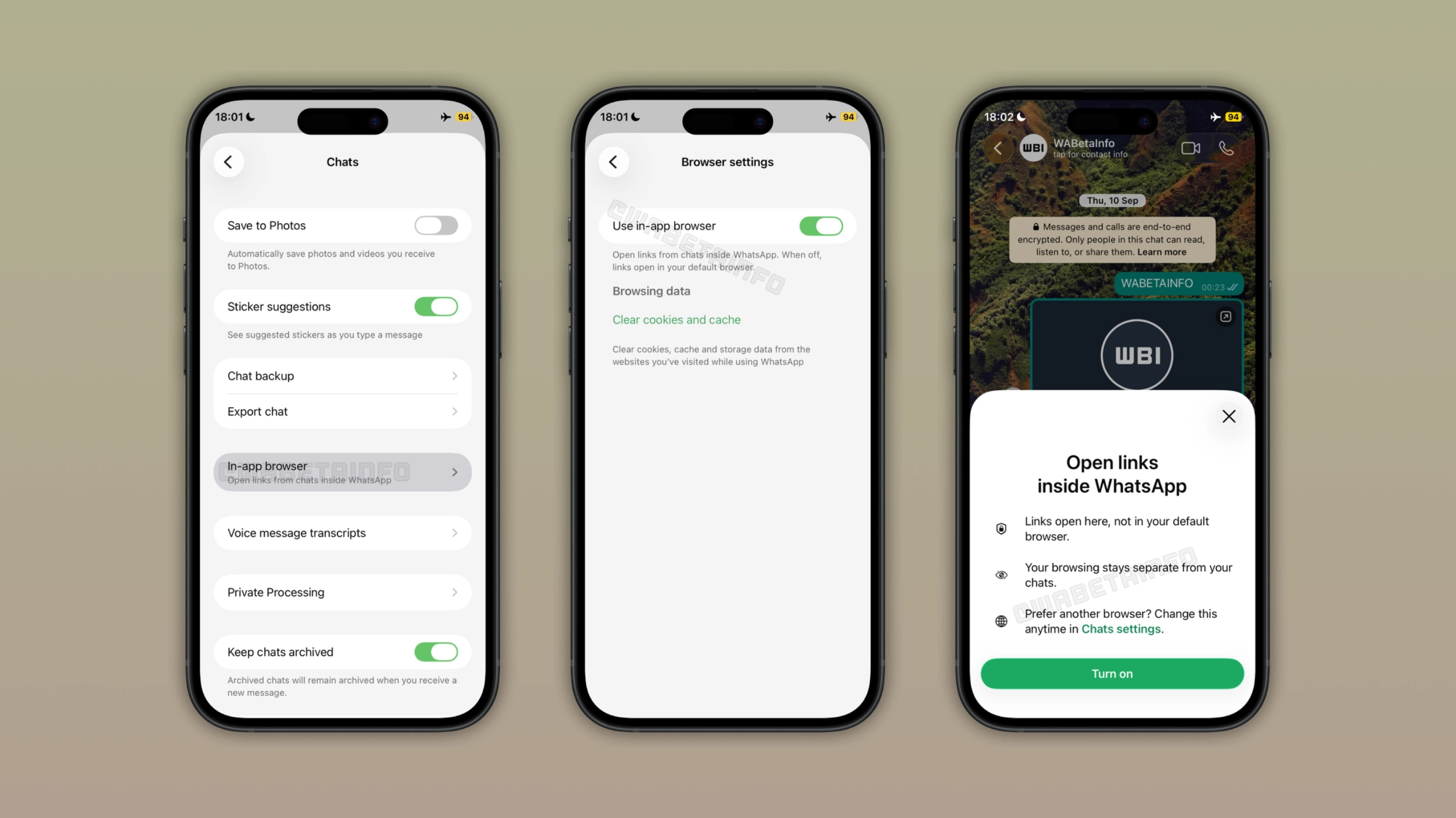Capturas do WhatsApp no iPhone mostram a opção de navegador interno, controles de cookies e cache e a tela de ativação do recurso