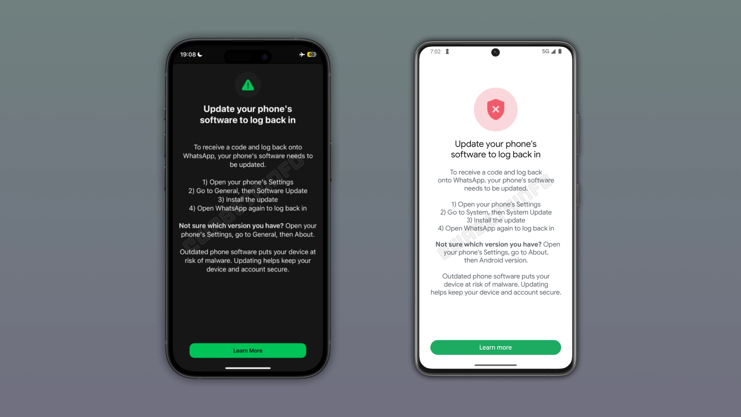 Captura publicada pelo WABetaInfo com o aviso de atualização do software antes do login no WhatsApp em iPhone e Android
