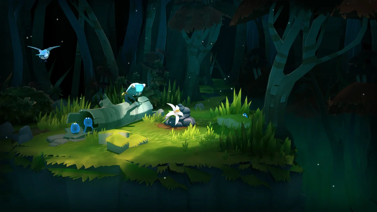 Cenário noturno de The Last Campfire com personagens pequenos e vegetação iluminada em uma floresta