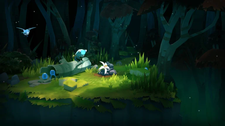Cenário noturno de The Last Campfire com personagens pequenos e vegetação iluminada em uma floresta