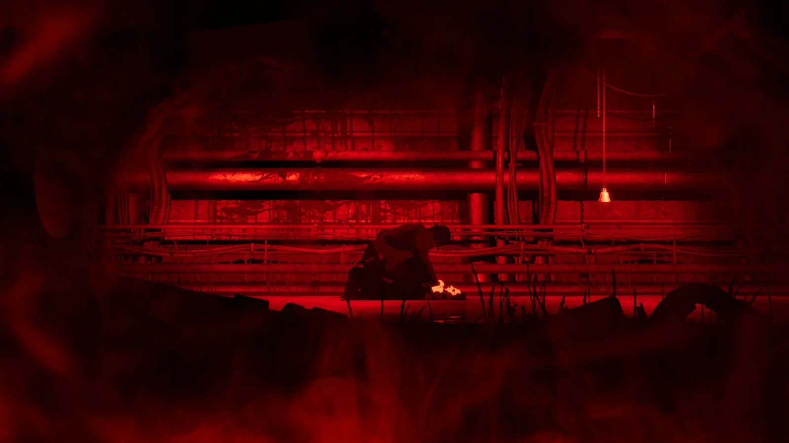 Cenário iluminado em vermelho durante uma apresentação em Silver Pines