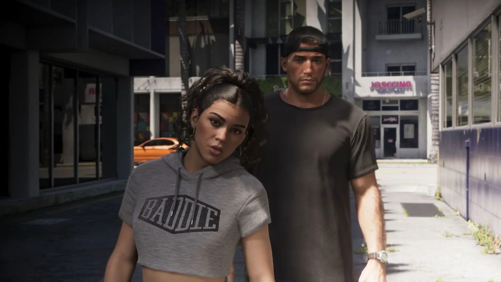 Lucia e Jason caminham por rua de Vice City em cena oficial de Grand Theft Auto VI