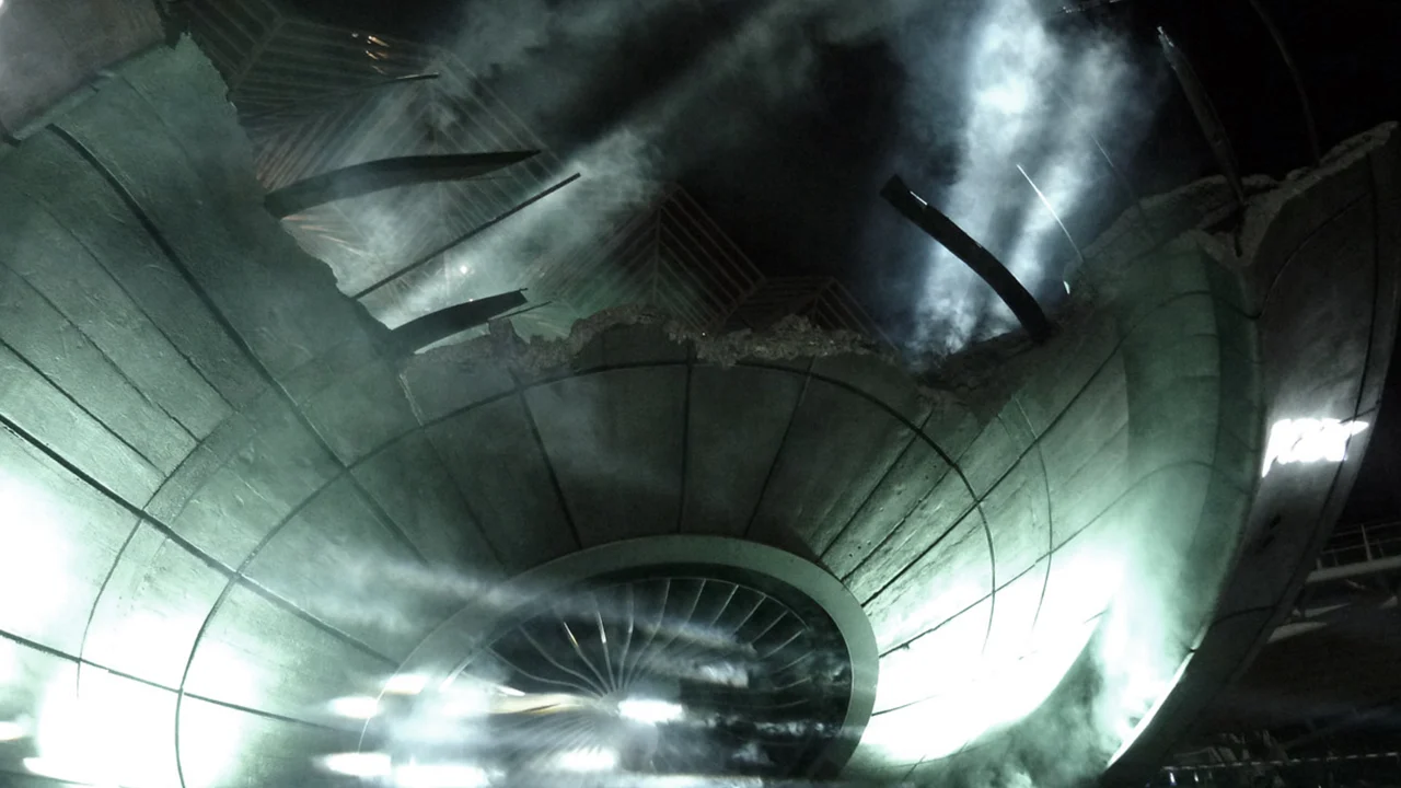 Instalação promocional de Arquivo X com nave extraterrestre iluminada