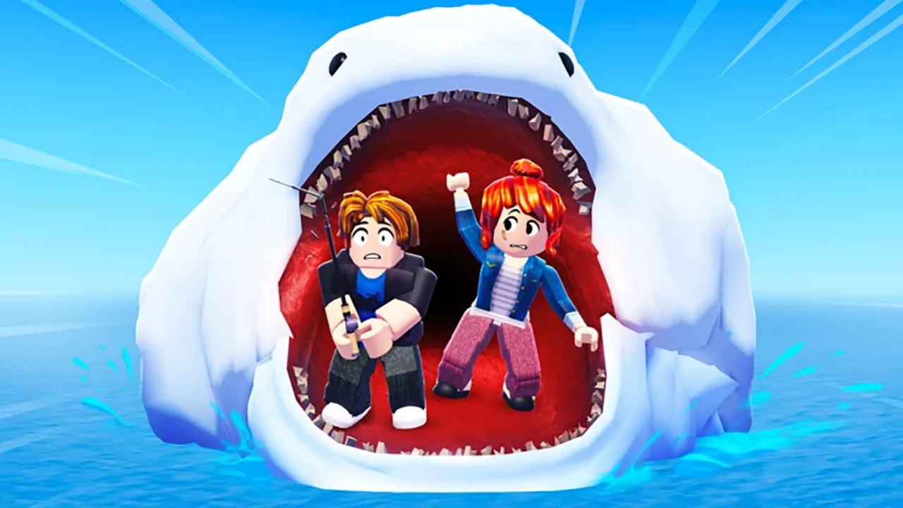 Personagens diante de um grande tubarão em Fish It