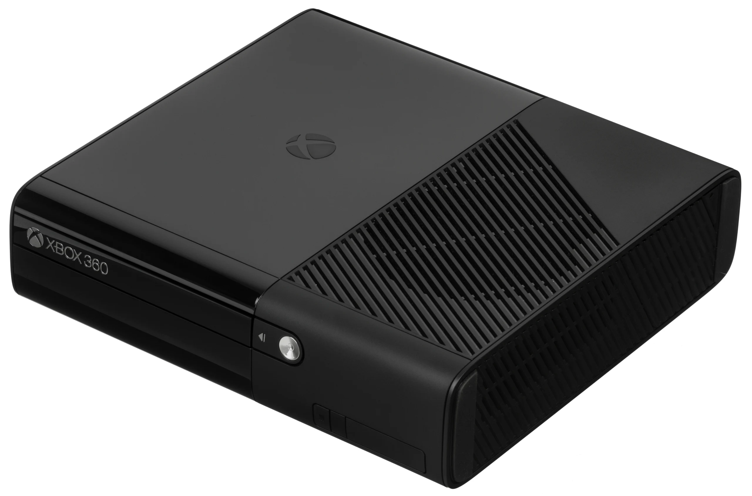 Console Xbox 360 E preto visto de frente e na horizontal