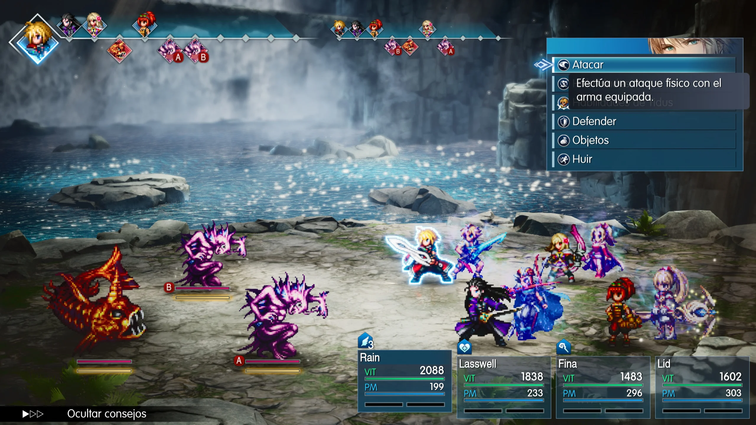 Batalha por turnos de Final Fantasy Resonance com Rain, Lasswell, Fina e Lid enfrentando inimigos