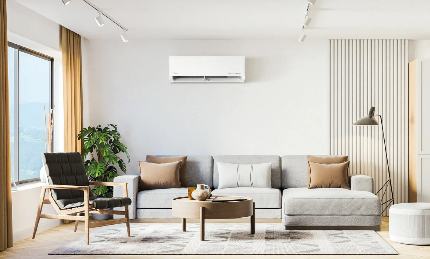 Ar-condicionado Midea AI Ecomaster instalado na parede de uma sala de estar iluminada