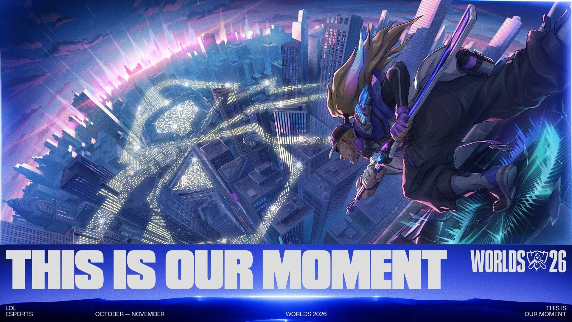 Arte oficial do Mundial de League of Legends 2026, com personagem sobre uma cidade e identidade visual do Worlds