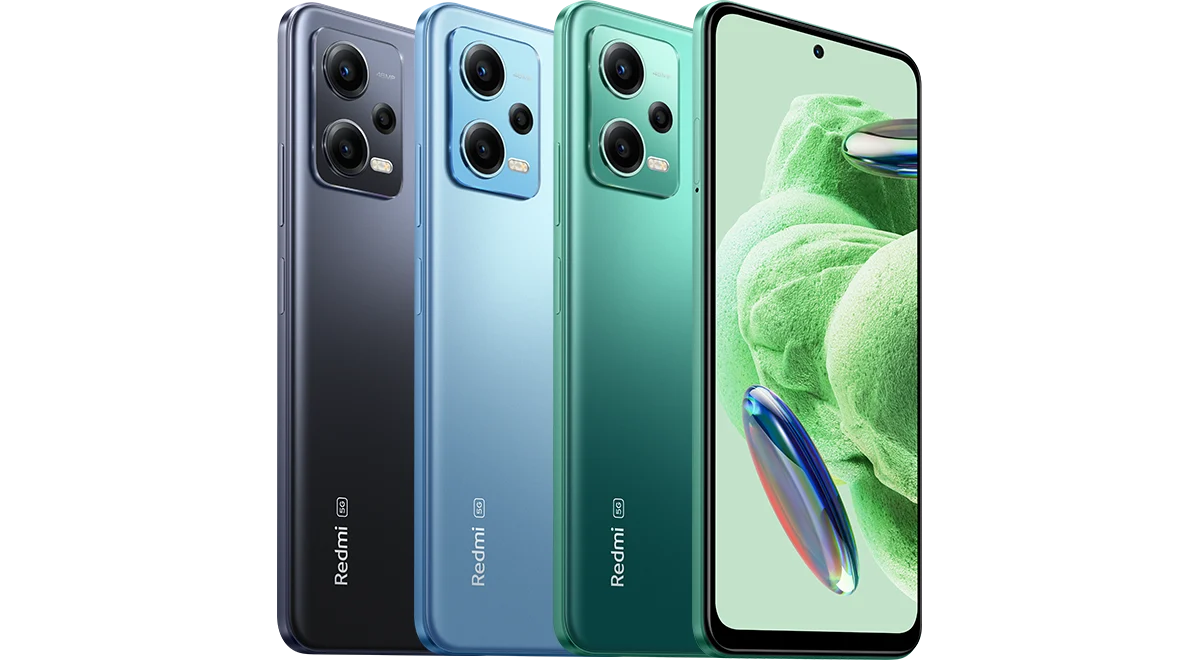 Redmi Note 12 5G em três cores com módulo triplo de câmeras, além de uma unidade vista pela frente