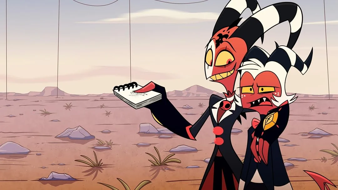 Personagens da animação Helluva Boss em cenário desértico