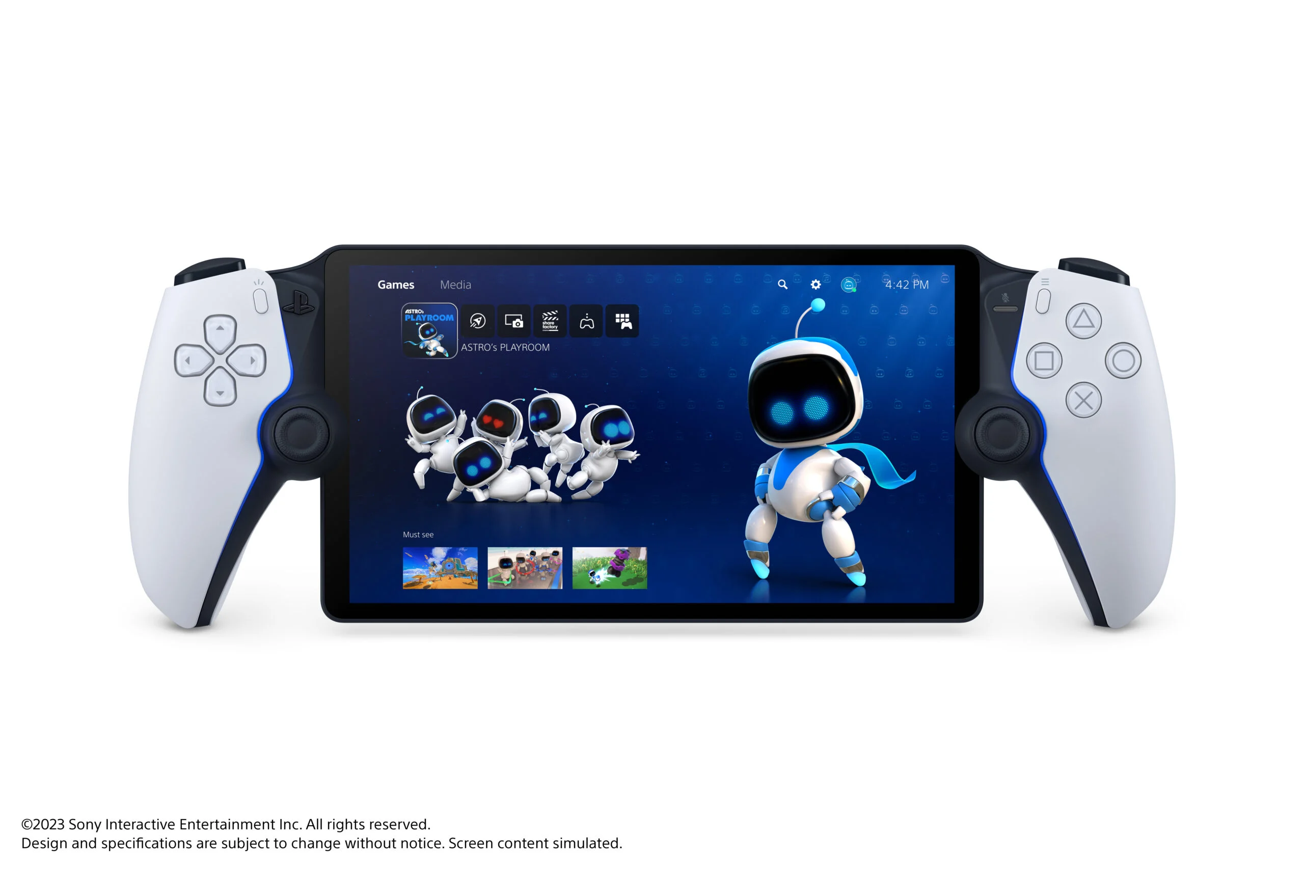 PlayStation Portal original com interface do jogo Astro's Playroom exibida na tela LCD