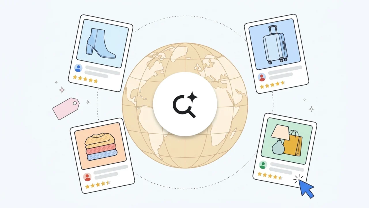 Ilustração do Google mostra uma lupa sobre o globo e cartões de produtos para representar anúncios no Modo IA