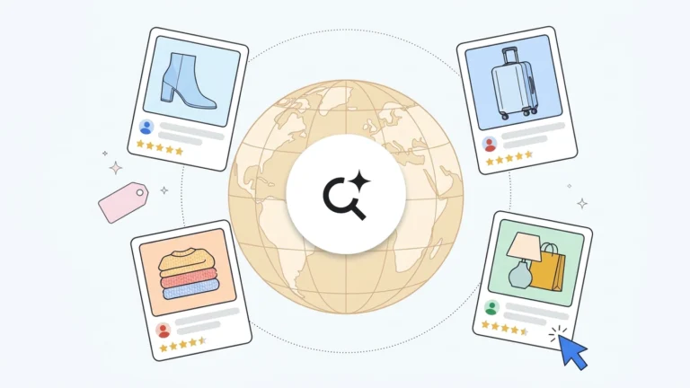 Ilustração do Google mostra uma lupa sobre o globo e cartões de produtos para representar anúncios no Modo IA