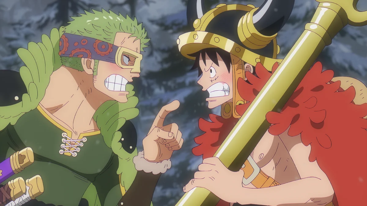 Luffy e Zoro conversam no submundo de Elbaf em One Piece