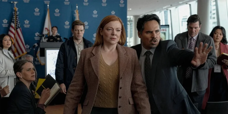Sarah Snook e Michael Peña em uma coletiva de imprensa na série All Her Fault.